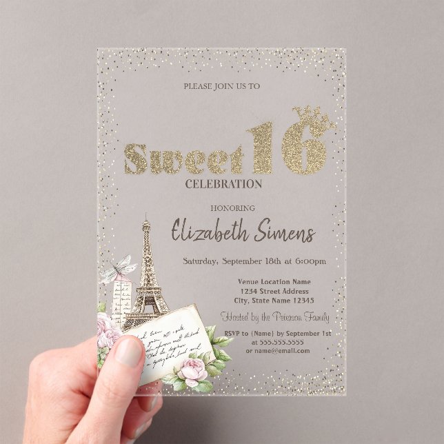 Tiara,Confetti,Eiffel Tower Roses Sweet 16 Acrylic Invitations (Insitu (Handheld))