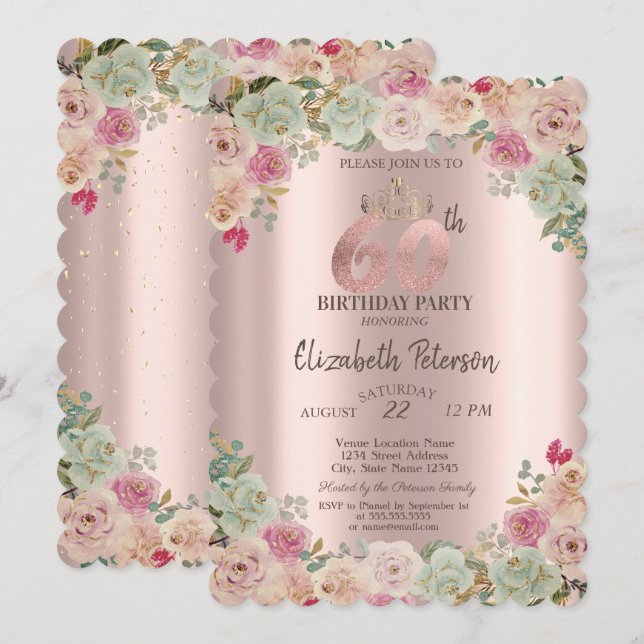 Tiara,Confetti Floral 60th Birthday Party Invitation (Front/Back)