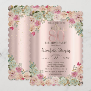 Tiara,Confetti Floral 80th Birthday Invitation