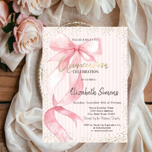 Tiara,Confetti,Pink Bow Striped Sweet 16 Invitation