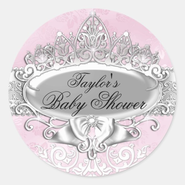 Tiara & Damask Pink Baby Shower Sticker (Front)