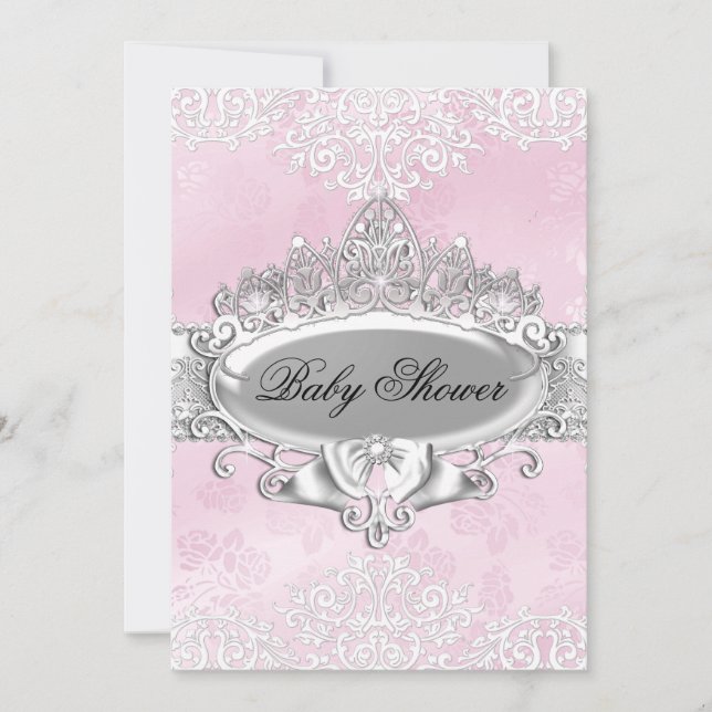 Tiara & Damask Pink Princess Baby Shower invite (Front)