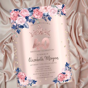 Tiara Diamonds Blue Roses Rose Gold 40th Birthday Invitation