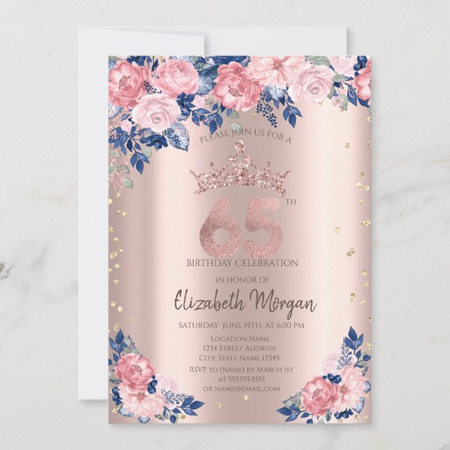 Tiara Diamonds Blue Roses Rose Gold 65th Birthday Invitation (Front)