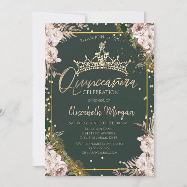Tiara,Diamonds Boho Flowers Green Quinceañera  Invitation (Front)