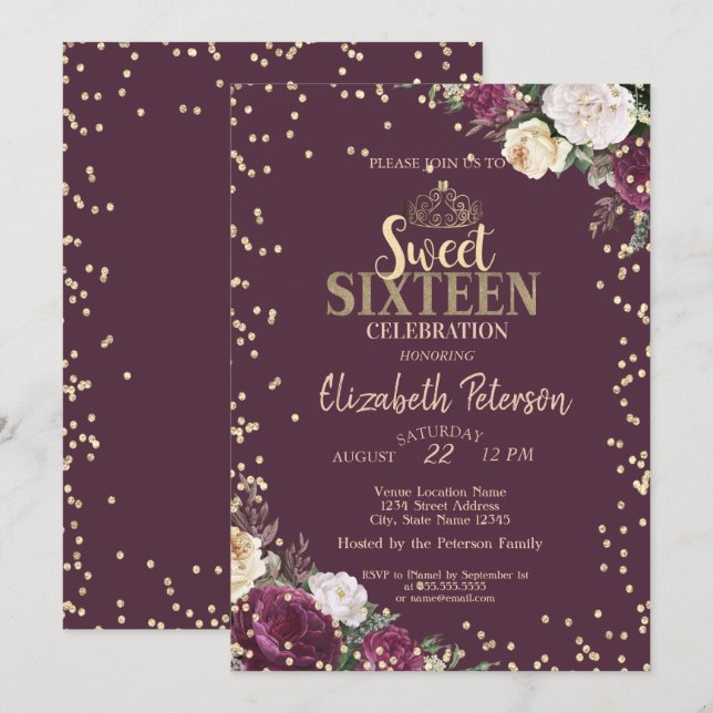 Tiara,Diamonds Burgundy Floral Sweet 16 Party Invitation (Front/Back)