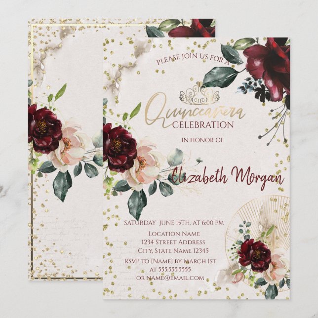 Tiara,Diamonds Burgundy Roses Quinceañera Invitation (Front/Back)
