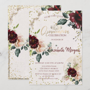 Tiara,Diamonds Burgundy Roses Quinceañera Invitation