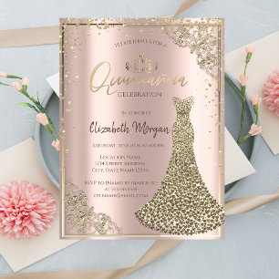 Tiara,Diamonds Dress,Rose Gold Quinceañera  Invitation