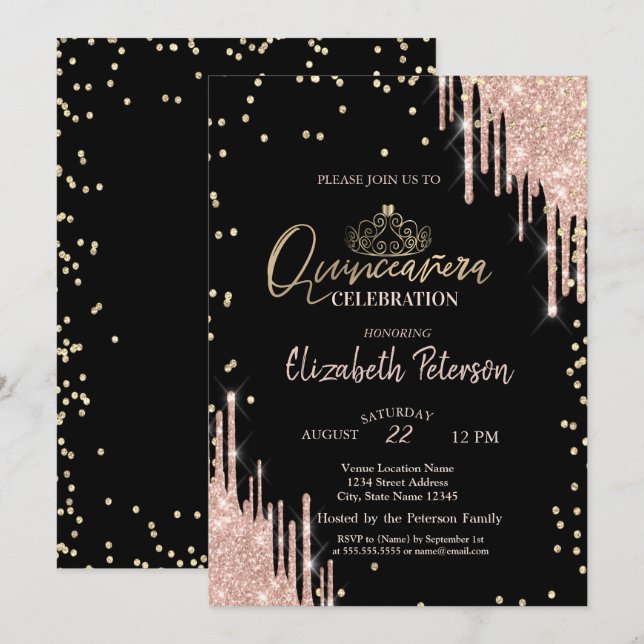 Tiara, Diamonds Glitter Drips  Quinceañera Invitation (Front/Back)