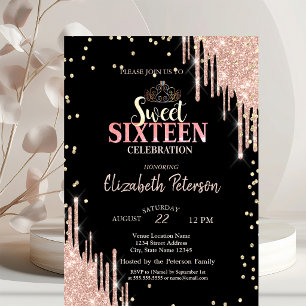 Tiara, Diamonds Glitter Drips Sweet 16 Party Invitation