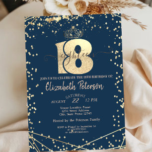 Tiara,Diamonds Navy Blue Gold 18th Birthday Party  Invitation
