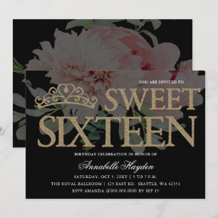 Tiara Floral Black and Gold Sweet 16  Invitation