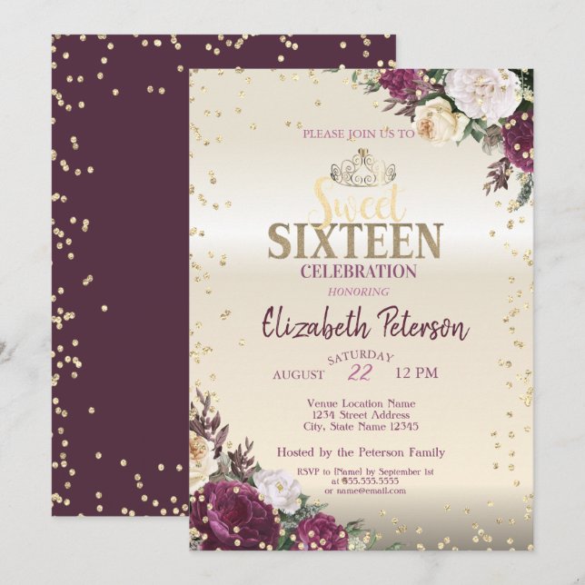 Tiara,Floral Diamonds Burgundy Sweet 16 Party Invitation (Front/Back)
