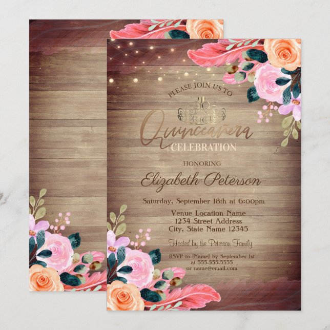 Tiara, Floral Feather Wood Quinceañera  Invitation (Front/Back)