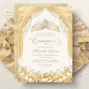 Tiara Floral Gold Yellow Modern Quinceanera Invitation