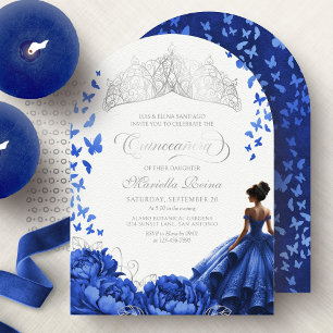 Tiara Floral Royal Blue Flowers Quinceanera Invitation