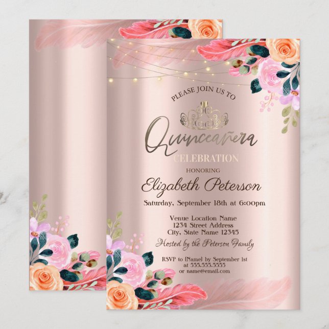 Tiara,Flowers Feather Rose Gold Quinceañera  Invitation (Front/Back)