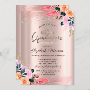 Tiara,Flowers Feather Rose Gold Quinceañera Invitation