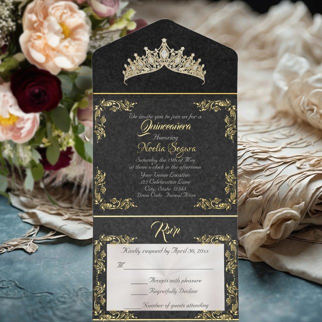 Tiara & Foil Leaf Frame Quinceanera - Black/Gold All In One Invitation (Creator Uploaded)