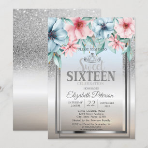 Tiara,Frame Silver Glitter Bokeh Floral Sweet 16 Invitation