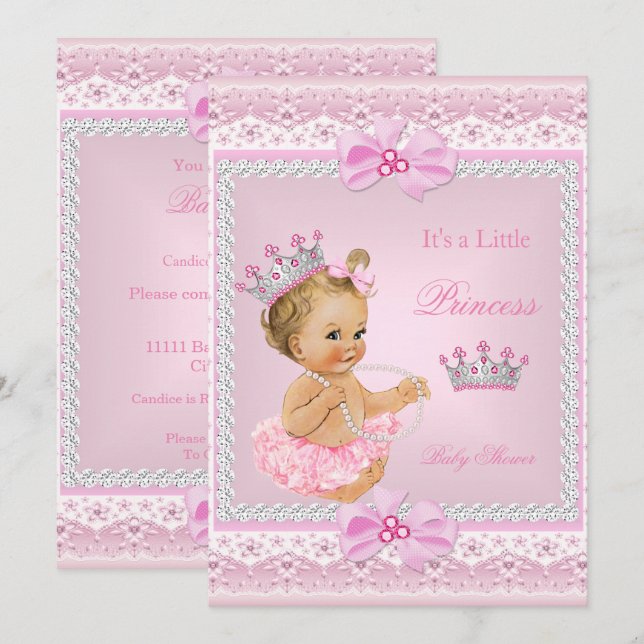Tiara Girl Princess Baby Shower Pink Pearls Blonde Invitation (Front/Back)
