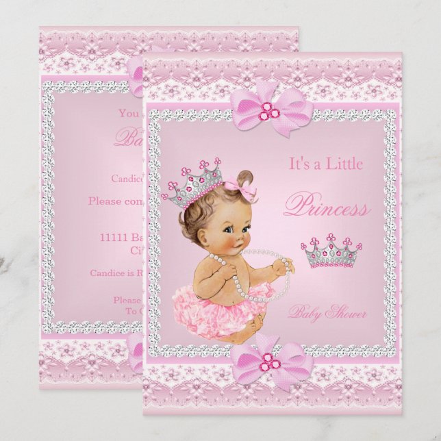 Tiara Girl Princess Baby Shower Pink Pearls Brown Invitation (Front/Back)