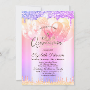 Tiara,Glitter Drops Balloons Ombre Quinceañera Invitation