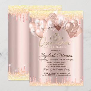 Tiara,Glitter Drops Balloons Quinceañera Invitation