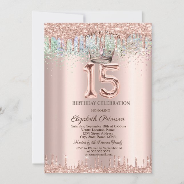 Tiara,Glitter Drops Rainbow Confetti Quinceañera  Invitation (Front)