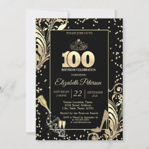 Tiara Glitter Heels Diamonds Swirls 100th Birthday Invitation