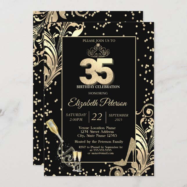 Tiara Glitter Heels Diamonds Swirls 35th Birthday Invitation (Front/Back)