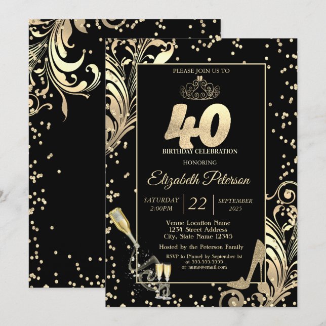 Tiara Glitter Heels Diamonds Swirls 40th Birthday Invitation (Front/Back)