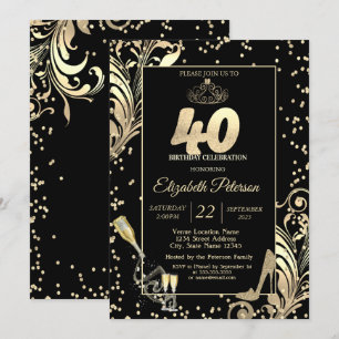 Tiara Glitter Heels Diamonds Swirls 40th Birthday Invitation