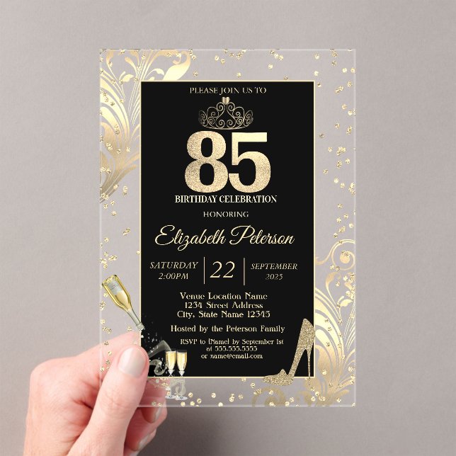 Tiara Glitter Heels Diamonds Swirls 50th Birthday Acrylic Invitations (Insitu (Handheld))