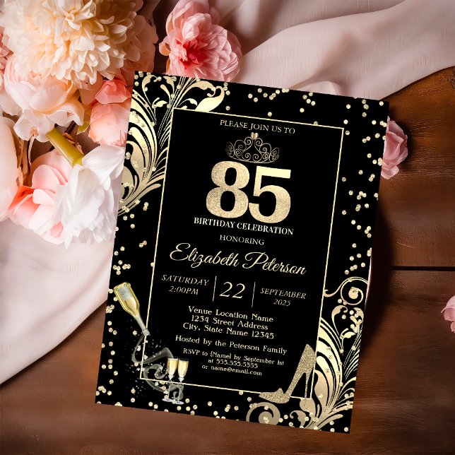 Tiara Glitter Heels Diamonds Swirls 50th Birthday Invitation (Creator Uploaded)
