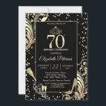 Tiara Glitter Heels Diamonds Swirls 70th Birthday Invitation<br><div class="desc">Elegant tiara,  diamond,  gold glitter heels,  champagne bottle and glass and swirls on black background. Beautiful invitation that can be customized with your name. Select the "customize" button to change the font style,  color,  and size.</div>