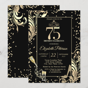 Tiara Glitter Heels Diamonds Swirls 75th Birthday Invitation