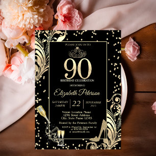 Tiara Glitter Heels Diamonds Swirls 90th Birthday Invitation