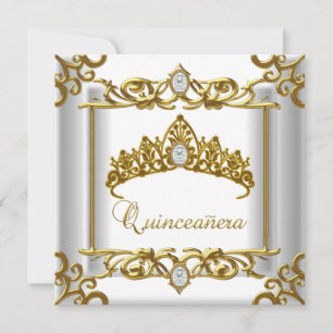 Tiara Gold White Quinceanera 15th Birthday Invitation