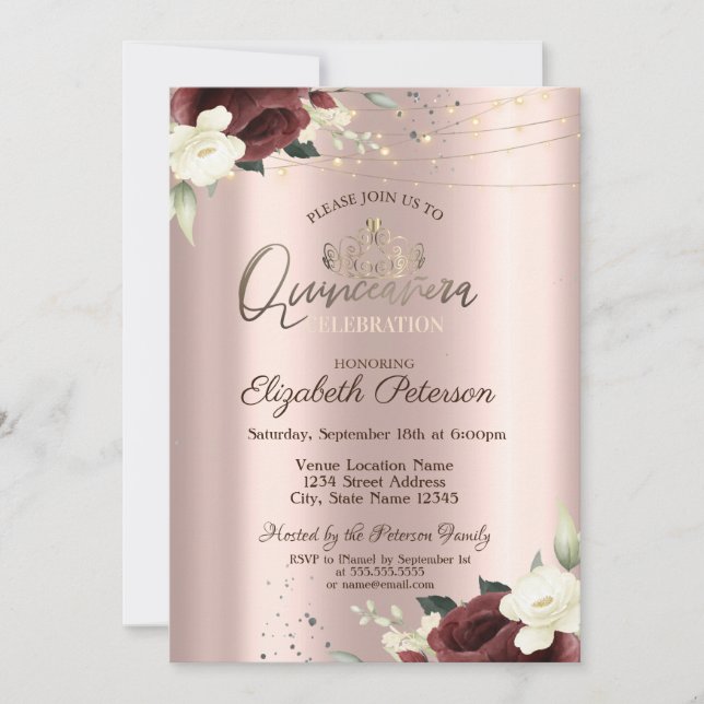Tiara,Lights,Burgundy Roses,Rose Gold Quinceañera  Invitation (Front)