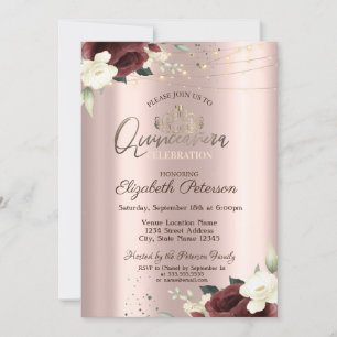 Tiara,Lights,Burgundy Roses,Rose Gold Quinceañera  Invitation