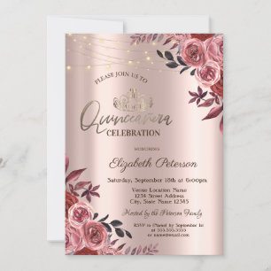 Tiara, Lights Chic Burgundy Roses Quinceañera Invitation