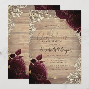 Tiara,Lights,Wood Burgundy Roses Lace Quinceañera Invitation
