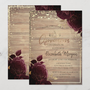Tiara,Lights,Wood Burgundy Roses Quinceañera  Invitation