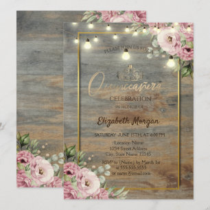 Tiara,Lights,Wood Gold Frame, Flowers Quinceañera Invitation