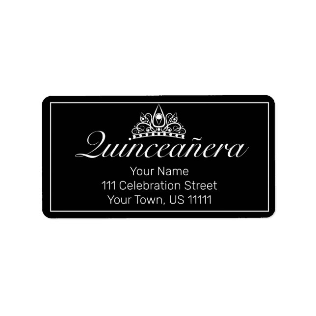 Tiara Modern Minimalist Black Quinceañera Address Label (Front)