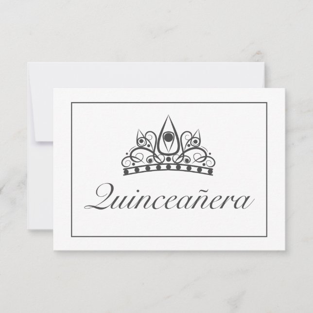 Tiara Modern Minimalist White Black Qinceanera RSVP Card (Front)