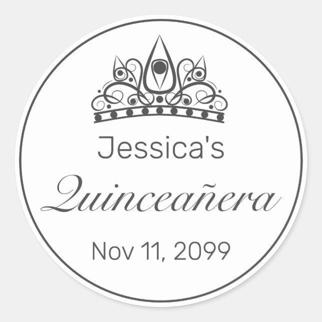 Tiara Modern Minimalist White Black Quinceanera Classic Round Sticker (Front)