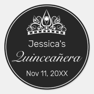Tiara Modern Minimalist White Black Quinceanera Classic Round Sticker